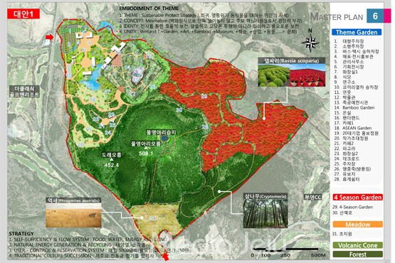 2017년 제안됐던 물영아리오름을 중심으로 한 제주국가정원의 대안. 이 대안에선 물영아리오름 일대에 대나무 정원을 조성하고, 팬더곰을 사육하자는 제안이 나오면서 온갖 비판이 제기된 바 있다.
