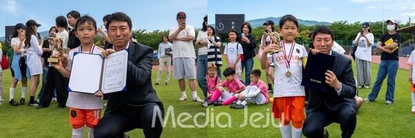 이날 최우수선수로 선정된 유치부 두드림FC 오승준 선수(왼쪽)과 초등 1학년부 두드림FC 장재하 선수(오른쪽)/사진=미디어제주