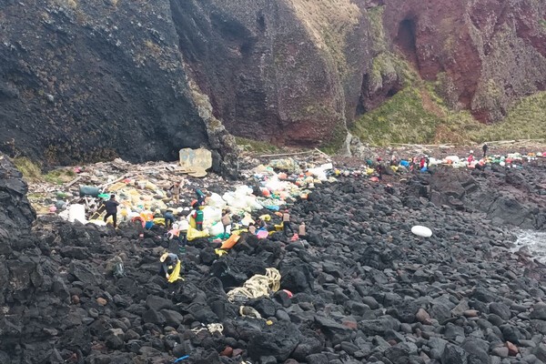 해양쓰레기가 가득한 차귀도의 해안가에서 정화활동이 이뤄지고 있는 모습. /사진=제주특별자치도.